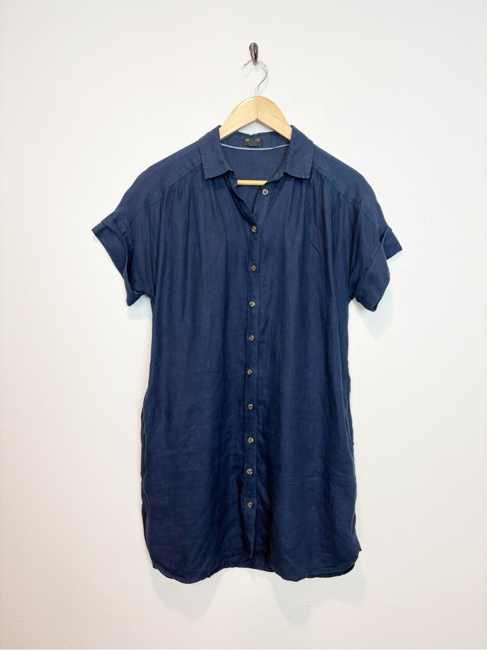J. Crew Navy Short-Sleeve Button-Front Shirt Tunic Linen McNutt Dress SP
